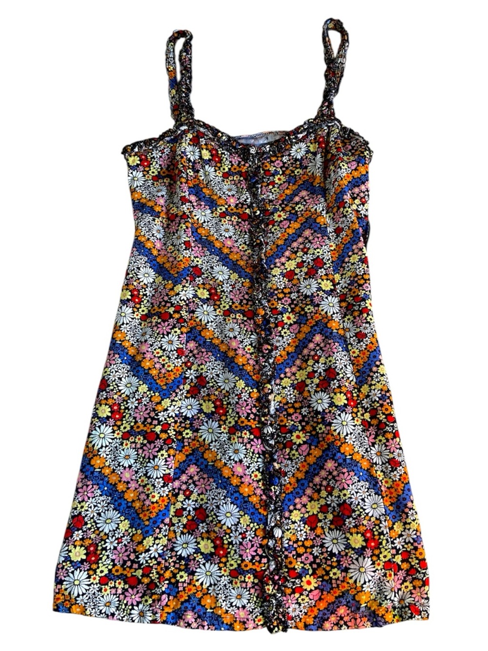 Floral Boho 70s Style Chevron Ruffle Multicolor Mini Dress